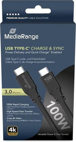 MediaRange USB Type-C® Charging and Data Cable with E-Mark Chip, USB 3.2 Gen 1x2, 10 Gbit/s, Supports USB-C Power Delivery 3.0, Quick Charge 3.0 and PPS, 100 W Max, 3.0 m, Black MediaRange USB Type-C® Charging and Data Cable with E-Mark Chip, USB 3.2 Gen 1x2, 10 Gbit/s, Supports USB-C Power Delivery 3.0, Quick Charge 3.0 and PPS, 100 W Max, 3.0 m, Black