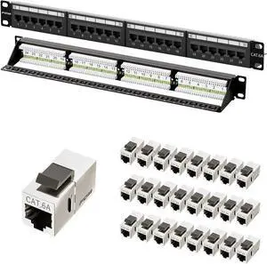 FGB 1U 24 Cat6a Port Patch Panel and 25 Pack Cat6a Shielded Keystone Coupler FGB 1U 24 Cat6a Port Patch Panel and 25 Pack Cat6a Shielded Keystone Coupler
