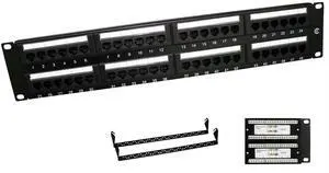 48 Port Cat5e UTP Patch Panel, SPCC Material with Black Powder Coating, Brass Housing, Nickel-Plated Construction, Integrated Cable Management 48 Port Cat5e UTP Patch Panel, SPCC Material with Black Powder Coating, Brass Housing, Nickel-Plated Construction, Integrated Cable Management