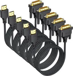 DVI to HDMI Cable 6ft 5-Pack, Bidrectional DVI-D/I (Single Link) to HDMI 1080P@60Hz Male to Male Braided Cord for PC Raspberry Pi Xbox One PS5 PS4 Graphics Card to Monitor Projector TV DVI to HDMI Cable 6ft 5-Pack, Bidrectional DVI-D/I (Single Link) to HDMI 1080P@60Hz Male to Male Braided Cord for PC Raspberry Pi Xbox One PS5 PS4 Graphics Card to Monitor Projector TV