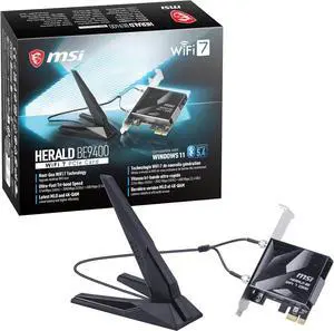MSI Herald WiFi 7 PCIe Card for Desktop PC BE9400 Tri-Band, Bluetooth 5.4, 6GHz, MLO, 320MHz, 5.8Gbps MSI Herald WiFi 7 PCIe Card for Desktop PC BE9400 Tri-Band, Bluetooth 5.4, 6GHz, MLO, 320MHz, 5.8Gbps