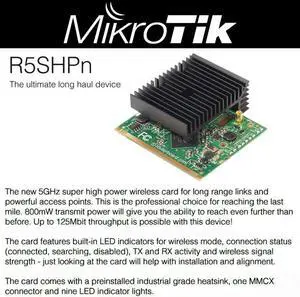 MikroTik 802.11a/n Super High Power MiniPCI Card with MMCX, R5SHPN (MiniPCI Card with MMCX Connector) MikroTik 802.11a/n Super High Power MiniPCI Card with MMCX, R5SHPN (MiniPCI Card with MMCX Connector)