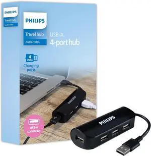 Philips 4-Port USB 2.0 Hub with 480 Mbps Data Transfer, Data USB Hub, Perfect for Travel, for MacBook, iMac, Surface, External Hard Drives, Flash Drives, Keyboard, Mouse, Desk Fan, Black, SWL3923B/37 Philips 4-Port USB 2.0 Hub with 480 Mbps Data Transfer, Data USB Hub, Perfect for Travel, for MacBook, iMac, Surface, External Hard Drives, Flash Drives, Keyboard, Mouse, Desk Fan, Black, SWL3923B/37