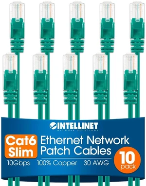 Intellinet Slim Cat6 Ethernet Network Patch Cable 10-Pack - 10Gbps & 250MHz, Snagless Boot, 30AWG Pure Bare Copper Wire, Gold-Plated Contacts, Lifetime Mfg Warranty - 5ft, 10 Pack, Green Intellinet Slim Cat6 Ethernet Network Patch Cable 10-Pack - 10Gbps & 250MHz, Snagless Boot, 30AWG Pure Bare Copper Wire, Gold-Plated Contacts, Lifetime Mfg Warranty - 5ft, 10 Pack, Green