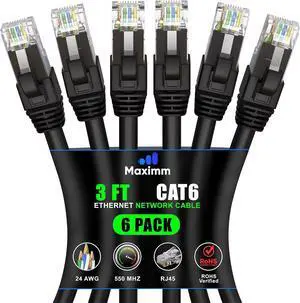 Maximm Cat 6 Ethernet Cable 3 ft (6-Pack) - High-Speed LAN Cable, Internet Cable, Patch Cable, and Network Cable - UTP, 10Gbps, 550MHz Ethernet Cord - Black Maximm Cat 6 Ethernet Cable 3 ft (6-Pack) - High-Speed LAN Cable, Internet Cable, Patch Cable, and Network Cable - UTP, 10Gbps, 550MHz Ethernet Cord - Black