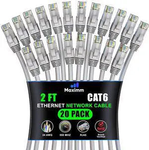 Maximm Cat 6 Ethernet Cable 2 ft (20-Pack) - High-Speed LAN Cable, Internet Cable, Patch Cable, and Network Cable - UTP, 10Gbps, 550MHz Ethernet Cord - Gray Maximm Cat 6 Ethernet Cable 2 ft (20-Pack) - High-Speed LAN Cable, Internet Cable, Patch Cable, and Network Cable - UTP, 10Gbps, 550MHz Ethernet Cord - Gray