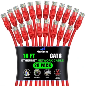 Maximm Cat 6 Ethernet Cable 10 ft (20-Pack) - High-Speed LAN Cable, Internet Cable, Patch Cable, and Network Cable - UTP, 10Gbps, 550MHz Ethernet Cord - Red Maximm Cat 6 Ethernet Cable 10 ft (20-Pack) - High-Speed LAN Cable, Internet Cable, Patch Cable, and Network Cable - UTP, 10Gbps, 550MHz Ethernet Cord - Red