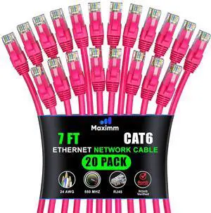Maximm Cat 6 Ethernet Cable 7 ft (20-Pack) - High-Speed LAN Cable, Internet Cable, Patch Cable, and Network Cable - UTP, 10Gbps, 550MHz Ethernet Cord - Pink Maximm Cat 6 Ethernet Cable 7 ft (20-Pack) - High-Speed LAN Cable, Internet Cable, Patch Cable, and Network Cable - UTP, 10Gbps, 550MHz Ethernet Cord - Pink