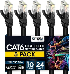 Cmple - 5 Pack Cat6 Ethernet Cable 15 ft, High Speed Cat6 Internet Network Cord, Ethernet Patch Cables, Computer LAN Wire with Snagless RJ45 Connectors - Black Cmple - 5 Pack Cat6 Ethernet Cable 15 ft, High Speed Cat6 Internet Network Cord, Ethernet Patch Cables, Computer LAN Wire with Snagless RJ45 Connectors - Black