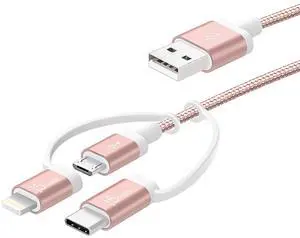 j5create 3-in-1 Charger Cable Adapter | 3.3ft Nylon Braided USB to Micro-USB Compatible with Apple iPhone Charger Lightning Cable (MFI Certified) & USB Type C Devices | iOS, Android (Rose Gold) j5create 3-in-1 Charger Cable Adapter | 3.3ft Nylon Braided USB to Micro-USB Compatible with Apple iPhone Charger Lightning Cable (MFI Certified) & USB Type C Devices | iOS, Android (Rose Gold)