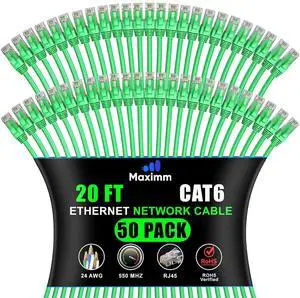 Maximm Cat 6 Ethernet Cable 20 ft (50-Pack) - High-Speed LAN Cable, Internet Cable, Patch Cable, and Network Cable - UTP, 10Gbps, 550MHz Ethernet Cord - Green Maximm Cat 6 Ethernet Cable 20 ft (50-Pack) - High-Speed LAN Cable, Internet Cable, Patch Cable, and Network Cable - UTP, 10Gbps, 550MHz Ethernet Cord - Green