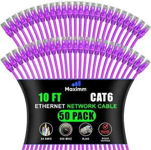 Maximm Cat6 Ethernet Cable 10 Ft Purple (50-Pack), 10Gbps 550MHz UTP Cord Maximm Cat6 Ethernet Cable 10 Ft Purple (50-Pack), 10Gbps 550MHz UTP Cord
