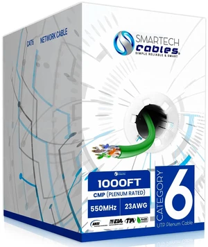 Cat6 Plenum Cable 1000ft | 10Gbps, UTP, 23AWG, 550MHz, CMP-Rated, Easy-Pull Box | Premium Bulk Cat 6 Ethernet Cable 1000ft for Superior Network Performance | Green Cat6 Plenum Cable 1000ft | 10Gbps, UTP, 23AWG, 550MHz, CMP-Rated, Easy-Pull Box | Premium Bulk Cat 6 Ethernet Cable 1000ft for Superior Network Performance | Green