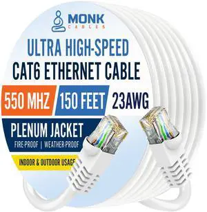 MONK CABLES | CAT6 Ethernet Cable | Plenum Rated | UTP, 23AWG, 550MHz | DSX-8000 Certified | Most Certified Cable of The Whole Market (White, 150ft) MONK CABLES | CAT6 Ethernet Cable | Plenum Rated | UTP, 23AWG, 550MHz | DSX-8000 Certified | Most Certified Cable of The Whole Market (White, 150ft)