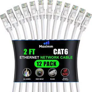 Maximm Cat 6 Ethernet Cable 2 Ft, (12-Pack) Cat6 Cable, LAN Cable, Internet Cable, Patch Cable and Network Cable - UTP (White) 2 Feet ethernet Cord Maximm Cat 6 Ethernet Cable 2 Ft, (12-Pack) Cat6 Cable, LAN Cable, Internet Cable, Patch Cable and Network Cable - UTP (White) 2 Feet ethernet Cord