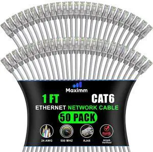 Maximm Cat 6 Ethernet Cable - 1 ft (50-Pack) - High-Speed LAN, Internet, Patch, and Network Cable - UTP, 10Gbps, 550MHz Ethernet Cord - Gray Maximm Cat 6 Ethernet Cable - 1 ft (50-Pack) - High-Speed LAN, Internet, Patch, and Network Cable - UTP, 10Gbps, 550MHz Ethernet Cord - Gray
