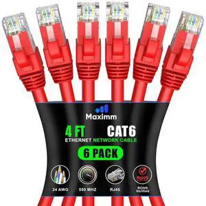 Maximm Cat 6 Ethernet Cable 4 Ft, (6-Pack) Cat6 Cable, LAN Cable, Internet Cable, Patch Cable and Network Cable - UTP (Red) 4 Feet ethernet Cord Maximm Cat 6 Ethernet Cable 4 Ft, (6-Pack) Cat6 Cable, LAN Cable, Internet Cable, Patch Cable and Network Cable - UTP (Red) 4 Feet ethernet Cord