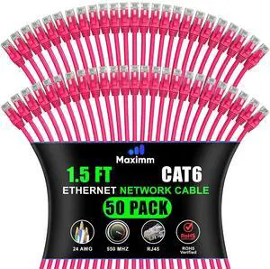 Maximm Cat 6 Ethernet Cable 1.5 Ft, (50-Pack) Cat6 Cable, LAN Cable, Internet Cable and Network Cable - UTP (Pink) Maximm Cat 6 Ethernet Cable 1.5 Ft, (50-Pack) Cat6 Cable, LAN Cable, Internet Cable and Network Cable - UTP (Pink)