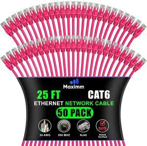 Maximm Cat 6 Ethernet Cable 25 Ft, (50-Pack) Cat6 Cable, LAN Cable, Internet Cable, Patch Cable and Network Cable - UTP (Pink) 25 Feet ethernet Cord Maximm Cat 6 Ethernet Cable 25 Ft, (50-Pack) Cat6 Cable, LAN Cable, Internet Cable, Patch Cable and Network Cable - UTP (Pink) 25 Feet ethernet Cord