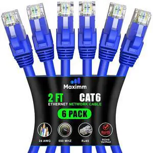 Maximm Cat6 Ethernet Cable 2 Ft Blue (6-Pack), 10Gbps 550MHz UTP Cord Maximm Cat6 Ethernet Cable 2 Ft Blue (6-Pack), 10Gbps 550MHz UTP Cord