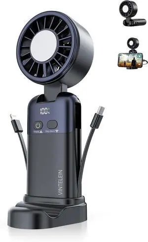 Portable Handheld Personal Fan with USB-C & iOS Cables 5V/2.4A Fast Charging for Cellphone/Tablet, 20H Cooling Time, Foldable Design with Phone Stand for Camping Travel Outdoor (1, Black) Portable Handheld Personal Fan with USB-C & iOS Cables 5V/2.4A Fast Charging for Cellphone/Tablet, 20H Cooling Time, Foldable Design with Phone Stand for Camping Travel Outdoor (1, Black)