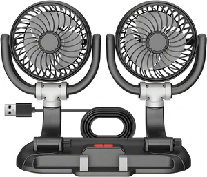Twin Head Car Fan with Full Rotation and Built in Phone Holder for Dashboard Or Home Use USB Powered Twin Head Car Fan with Full Rotation and Built in Phone Holder for Dashboard Or Home Use USB Powered