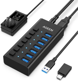 AGEEN 7-Port USB 3.2 Gen 2 Hub, 10Gbps High-Speed Aluminum Powered Hub with 24W Adapter, Individual Switches & Surge Protection for PC/Laptop, Flash Drive, Printer, Camera AGEEN 7-Port USB 3.2 Gen 2 Hub, 10Gbps High-Speed Aluminum Powered Hub with 24W Adapter, Individual Switches & Surge Protection for PC/Laptop, Flash Drive, Printer, Camera