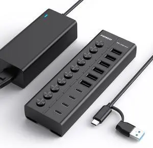 FIDECO 60W Powered USB Hub for Laptop and PC, 10-Port 10Gbps USB Splitter with 12V 5A Power Adapter, Aluminum USB 3.2 Gen 2 Multiport Adapter, 6 USB-A and 4 USB-C Ports, Support BC1.2 Charging (Black) FIDECO 60W Powered USB Hub for Laptop and PC, 10-Port 10Gbps USB Splitter with 12V 5A Power Adapter, Aluminum USB 3.2 Gen 2 Multiport Adapter, 6 USB-A and 4 USB-C Ports, Support BC1.2 Charging (Black)