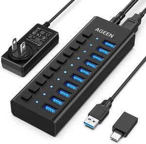 AGEEN 10-Port USB 3.2 Gen 2 Hub, 10Gbps High-Speed Aluminum Powered Hub with 48W Adapter, Individual Switches & Surge Protection for PC/Laptop, Flash Drive, Printer, Camera AGEEN 10-Port USB 3.2 Gen 2 Hub, 10Gbps High-Speed Aluminum Powered Hub with 48W Adapter, Individual Switches & Surge Protection for PC/Laptop, Flash Drive, Printer, Camera