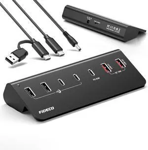 FIDECO 7-Port 72W Powered USB Hub, USB C Hub with 1 PD 45W, 2 QC 3.0 Charging Ports, and 4 USB 3.2 Ports (2 USB A + 2 USB C), Aluminum 10Gbps USB Hub for Laptop, PC, MacBook, iPhone 17/16/15, Black FIDECO 7-Port 72W Powered USB Hub, USB C Hub with 1 PD 45W, 2 QC 3.0 Charging Ports, and 4 USB 3.2 Ports (2 USB A + 2 USB C), Aluminum 10Gbps USB Hub for Laptop, PC, MacBook, iPhone 17/16/15, Black