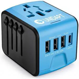 Universal Travel Adapter, International Plug Adapter Fast 2,4A 4-USB European Power Plug, AC Wall Charger - Worldwide Outlet for Europe US USA UK EU AUS, Blue Universal Travel Adapter, International Plug Adapter Fast 2,4A 4-USB European Power Plug, AC Wall Charger - Worldwide Outlet for Europe US USA UK EU AUS, Blue