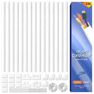 236in Cord Hider, Professional Cable Cover Kit for Wall, TV Wire Hider for Wall Mounted TV, Raceway Cover on Management Wires, Cable Concealer, 0.95'' H x 0.55'' W, White 236in Cord Hider, Professional Cable Cover Kit for Wall, TV Wire Hider for Wall Mounted TV, Raceway Cover on Management Wires, Cable Concealer, 0.95'' H x 0.55'' W, White