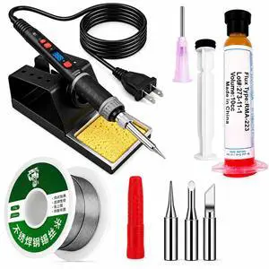 80W Digital LCD Soldering Iron Kit Adjustable Temperature 356°F-896°F, Fast Heating, 3 Tips, Solder Wire, No-Clean Flux Paste, Iron Stand Complete Electronics PCB Repair Tool 110V/220V 80W Digital LCD Soldering Iron Kit Adjustable Temperature 356°F-896°F, Fast Heating, 3 Tips, Solder Wire, No-Clean Flux Paste, Iron Stand Complete Electronics PCB Repair Tool 110V/220V