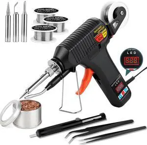 Soldering Gun Kit, 80W Adjustable Temperature Soldering Iron with LED Display, 3 Tips, 3 Solder Wire Rolls, Desoldering Pump, Tweezers & Brass Wire Cleaner for Electronics Repair and DIY Welding Soldering Gun Kit, 80W Adjustable Temperature Soldering Iron with LED Display, 3 Tips, 3 Solder Wire Rolls, Desoldering Pump, Tweezers & Brass Wire Cleaner for Electronics Repair and DIY Welding