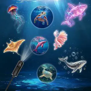 Ocean projection light with 8 interchangeable marine life light panels (whale, jellyfish, sea turtle), USB powered, 360° rotating, creating an immersive underwater world; a creative decorative gift. Ocean projection light with 8 interchangeable marine life light panels (whale, jellyfish, sea turtle), USB powered, 360° rotating, creating an immersive underwater world; a creative decorative gift.