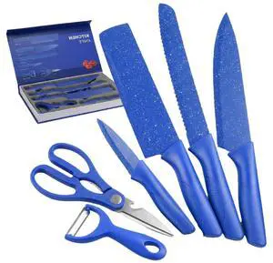 Blue Kitchen Knife Set, 6PCS Sharp Ultra Chef Knife Set with Kitchen Scissors and Peeler,High Carbon Stainless Steel,Healthy Anti-Rust&Non-Stick Coating, Ergonomic Handles, gift for Cooking,Camping Blue Kitchen Knife Set, 6PCS Sharp Ultra Chef Knife Set with Kitchen Scissors and Peeler,High Carbon Stainless Steel,Healthy Anti-Rust&Non-Stick Coating, Ergonomic Handles, gift for Cooking,Camping