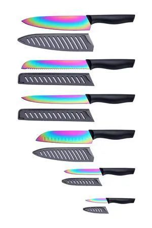 Kitchen Knife Set, KYA36 12-Piece Rainbow Color Stainless Steel Chef Boxed Knives Set for Kitchen with Covers, 6 Knives with 6 Blade Guards, Black Kitchen Knife Set, KYA36 12-Piece Rainbow Color Stainless Steel Chef Boxed Knives Set for Kitchen with Covers, 6 Knives with 6 Blade Guards, Black
