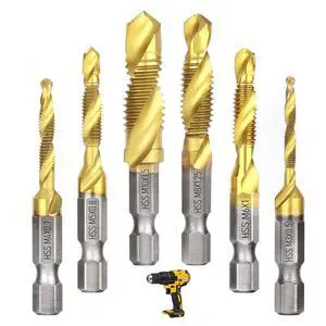 6 Pcs Drill Tap Set | Titanium Plated Combination Taps Drill Bit Set | M3 M4 M5 M6 M8 M10 Hex Shank HSS Screw Thread | Metric Compound Tap Drill Bits|Soft Metal Drilling Deburring & Countersinking 6 Pcs Drill Tap Set | Titanium Plated Combination Taps Drill Bit Set | M3 M4 M5 M6 M8 M10 Hex Shank HSS Screw Thread | Metric Compound Tap Drill Bits|Soft Metal Drilling Deburring & Countersinking
