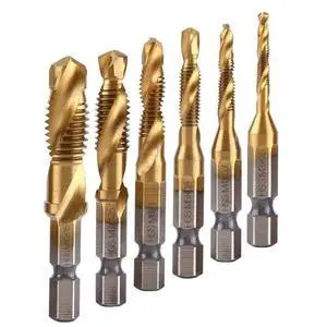 6Pcs Titanium Combination Drill and Tap Bit Set, Metric Drill Tap Bits Screw Tapping Bit Tool 1/4" Hex Shank 3 Functions in 1 6Pcs Titanium Combination Drill and Tap Bit Set, Metric Drill Tap Bits Screw Tapping Bit Tool 1/4" Hex Shank 3 Functions in 1