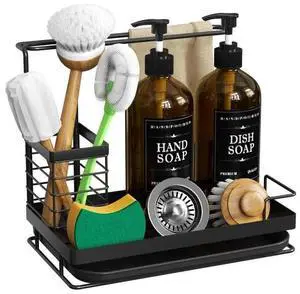 Kitchen Dish Soap Dispenser Set with 2 Pack 17oz Amber Glass Bottles - Rustproof Stainless Steel Organizer & Removable Tray - Farmhouse Soap and Sponge Caddy for Kitchen Sink Countertop Decor Kitchen Dish Soap Dispenser Set with 2 Pack 17oz Amber Glass Bottles - Rustproof Stainless Steel Organizer & Removable Tray - Farmhouse Soap and Sponge Caddy for Kitchen Sink Countertop Decor