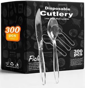 300 Count Heavy Duty Plastic Silverware, Heat Resistant Disposable Forks and Spoons Set, Clear Plastic Cutlery, Bulk Utensils 300 Count Heavy Duty Plastic Silverware, Heat Resistant Disposable Forks and Spoons Set, Clear Plastic Cutlery, Bulk Utensils