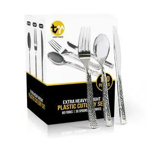 120 Pcs Disposable Cutlery Set, Silvery Plastic Silverware,60 Forks, 30 Spoons, 30 Knives, Heavy Duty Flatware for Holidays, Parties, Dinners, Weddings, and Occasions 120 Pcs Disposable Cutlery Set, Silvery Plastic Silverware,60 Forks, 30 Spoons, 30 Knives, Heavy Duty Flatware for Holidays, Parties, Dinners, Weddings, and Occasions
