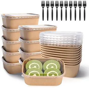 10 Pack 25oz Disposable Kraft Paper Bowls with Lids and Forks 10 Pack 25oz Disposable Kraft Paper Bowls with Lids and Forks