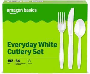 Disposable Everyday White Assorted Cutlery Set, 192 Count, Combo Pack, Forks, Spoons, and Knives Disposable Everyday White Assorted Cutlery Set, 192 Count, Combo Pack, Forks, Spoons, and Knives