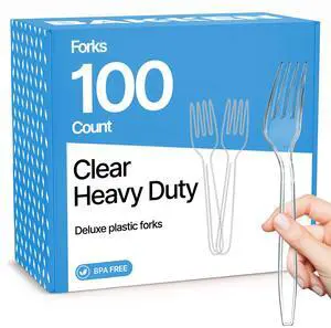 Disposable Cutlery Set 100 Pieces Forks, Heavy Duty Plastic Silverware, BPA-Free Food-Grade Materials, Heat-Resistant, Reusable Utensils for Parties, Catering, BBQs, and Everyday Use, Clear Disposable Cutlery Set 100 Pieces Forks, Heavy Duty Plastic Silverware, BPA-Free Food-Grade Materials, Heat-Resistant, Reusable Utensils for Parties, Catering, BBQs, and Everyday Use, Clear