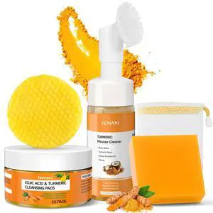 Turmeric Face Pads 50 Pcs, Turmeric Soap & Turmeric Face Wash with Brush Turmeric Face Pads 50 Pcs, Turmeric Soap & Turmeric Face Wash with Brush