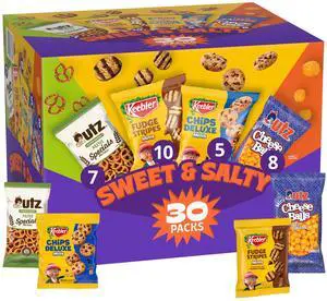 Sweet & Salty variety pack, 30-count box, includes Chips Deluxe, Fudge Stripes, Utz Mini Pretzels and Cheese Balls, 31 oz Sweet & Salty variety pack, 30-count box, includes Chips Deluxe, Fudge Stripes, Utz Mini Pretzels and Cheese Balls, 31 oz