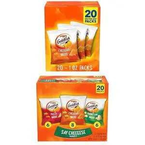 Cheddar Cheese Crackers, Baked Snack Crackers, 1 oz On-the-Go Snack Packs, 20 Count Box and Goldfish Crackers Say Cheeeese Variety Pack with Cheddar, Pizza and Parmesan, Snack Packs, 20 Ct Cheddar Cheese Crackers, Baked Snack Crackers, 1 oz On-the-Go Snack Packs, 20 Count Box and Goldfish Crackers Say Cheeeese Variety Pack with Cheddar, Pizza and Parmesan, Snack Packs, 20 Ct