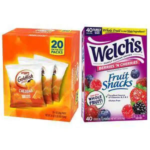 Goldfish and Fruit Snacks for Back to School, 1 Box of Goldfish Cheddar Cheese Snack Packs (20 Count) and 1 Box of Welchs Berries N Cherries Fruit Snack Packs (40 Count) Goldfish and Fruit Snacks for Back to School, 1 Box of Goldfish Cheddar Cheese Snack Packs (20 Count) and 1 Box of Welchs Berries N Cherries Fruit Snack Packs (40 Count)