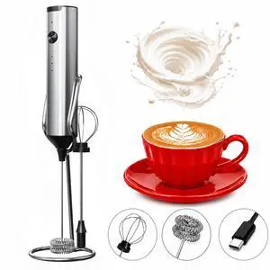 Handheld Milk Frother Wand Rechargeable with Stand - Stainless Steel Double Whisk Milk Frother Handheld -Coffee Stirrers Electric Drink Mixer - Coffee Frother (Silver) Handheld Milk Frother Wand Rechargeable with Stand - Stainless Steel Double Whisk Milk Frother Handheld -Coffee Stirrers Electric Drink Mixer - Coffee Frother (Silver)